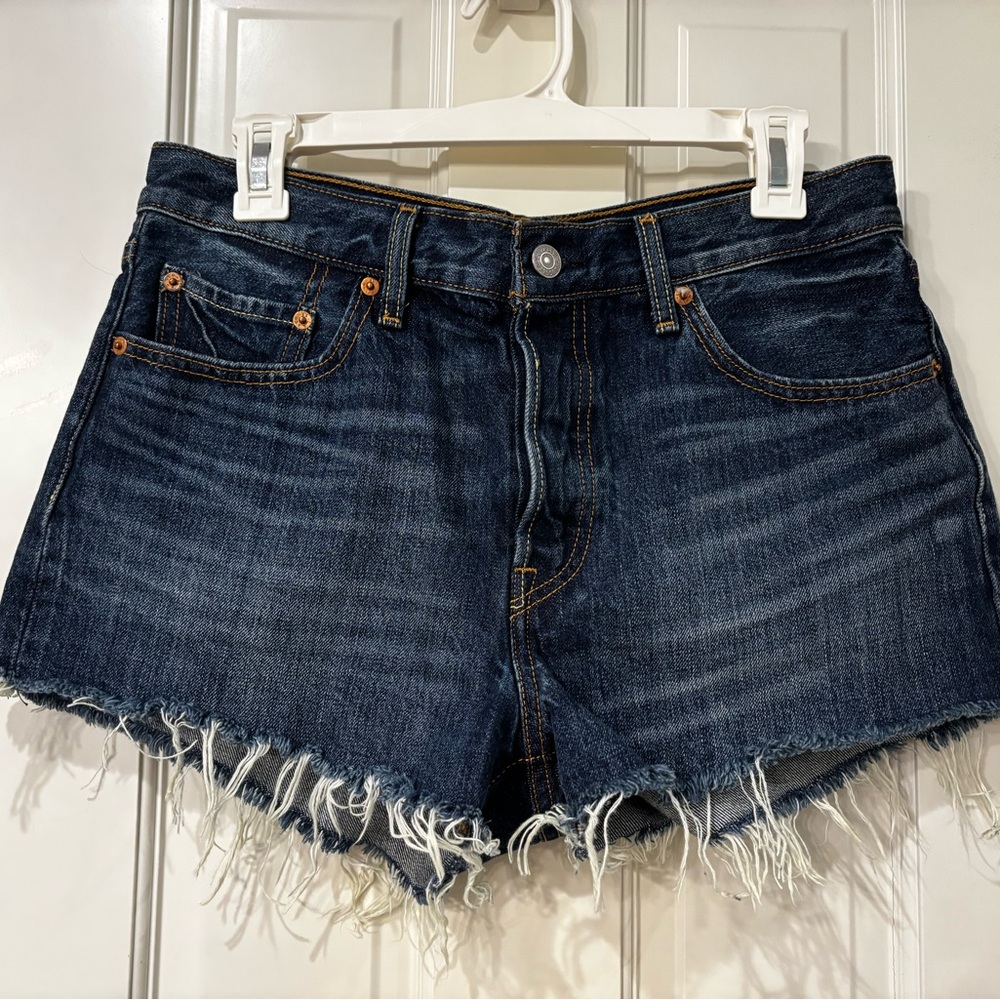 Levi’s Premium 501 High Rise Womens Shorts with Frayed Hem Denim in Dark Wash